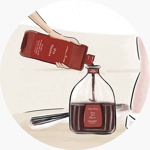 Mantieni alto il livello della fragranza nel diffusore Mantieni alto il livello della fragranza nel diffusore grazie alle comode ricariche da 500 e 1250 ml