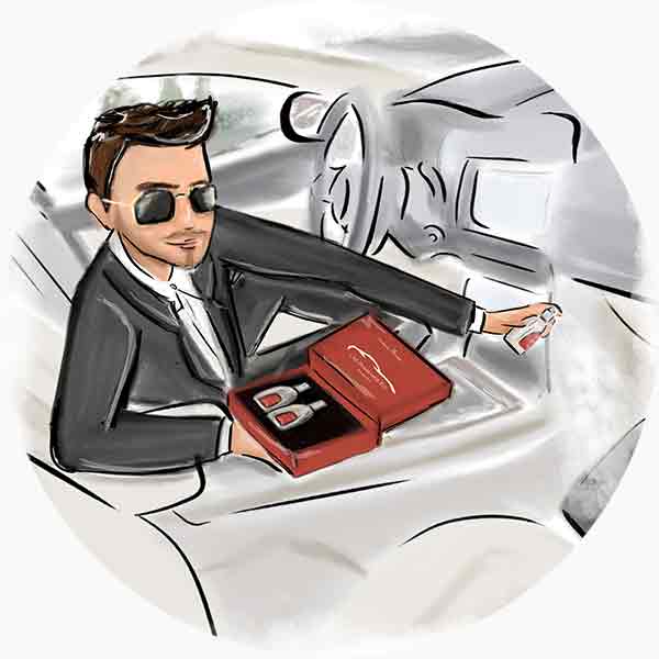 Spray the fragrance two or three times, pointing the nozzle at the vehicle’s carpet Spray the fragrance two or three times, pointing the nozzle at the vehicle’s carpet